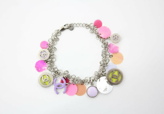 Chanel Vintage 04P Silver-Tone Multicolor Disc & CC Logo Charm Bracelet