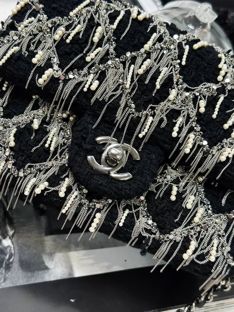Chanel 23S black and silver tassel pearl leather tweed square flap bag