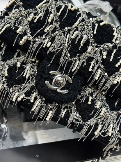 Chanel 23S black and silver tassel pearl leather tweed square flap bag
