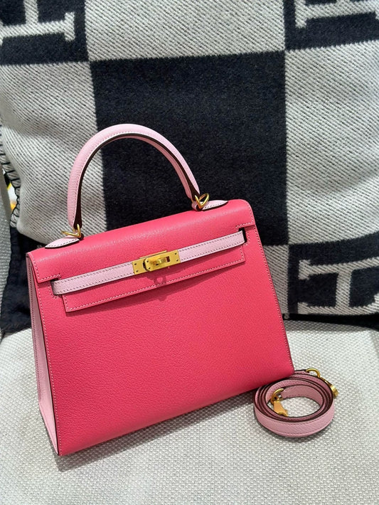 Hermes Kelly 25 Lipstick Pink & Pink Sakura Goat Leather brushed gold hardware