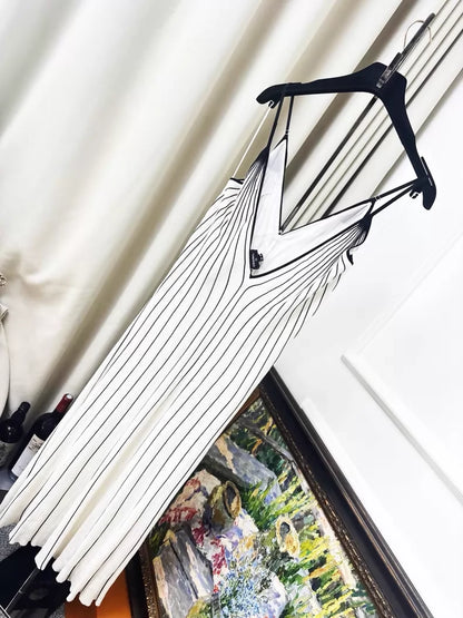 Chanel 26M black and white striped V-neck dress