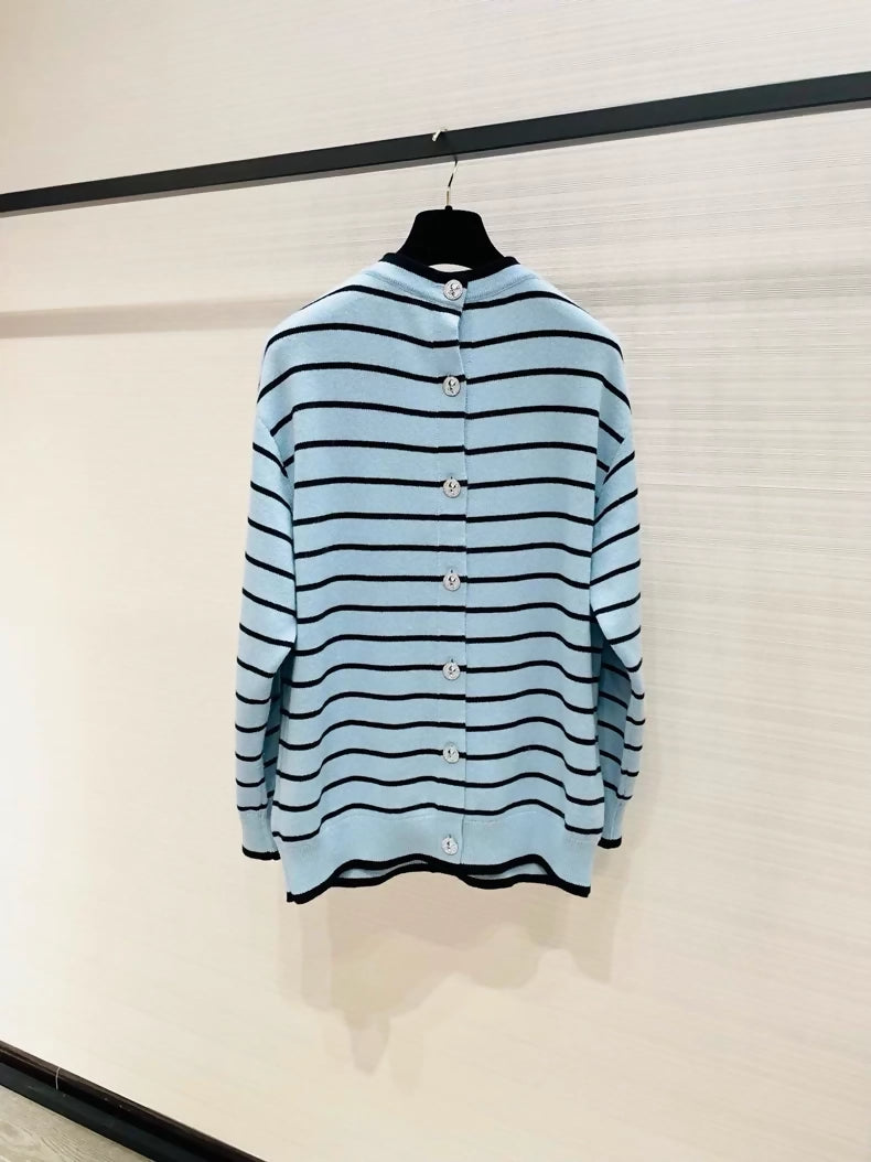 Chanel 25S blue striped double-faced cashmere knit cardigan