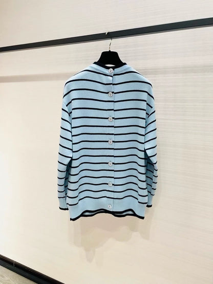 Chanel 25S blue striped double-faced cashmere knit cardigan