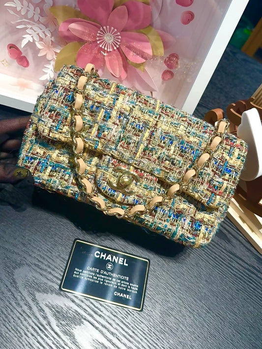 Chanel 19A mixed gold tweed CF mini chain bag