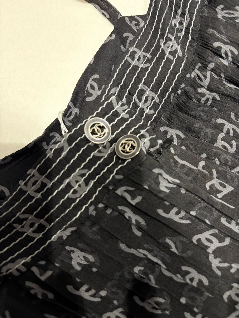 Chanel 20P all-over double C black print silk dress