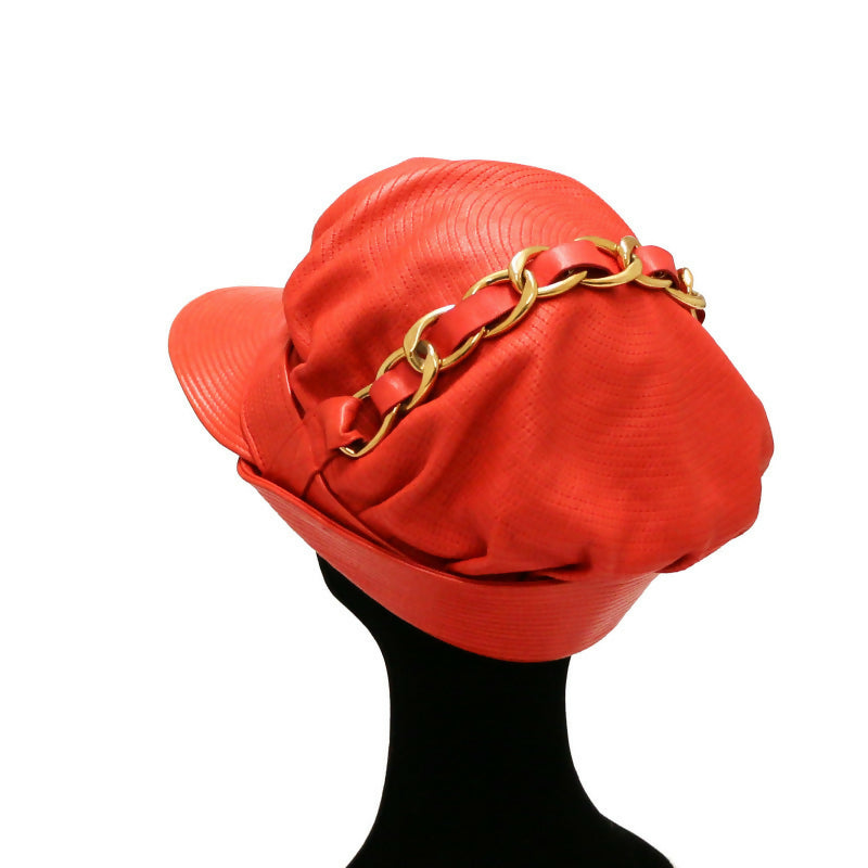 Chanel Vintage Fall 1991 Casquette in Red Leather with Gold CC Logo and Chain Detail