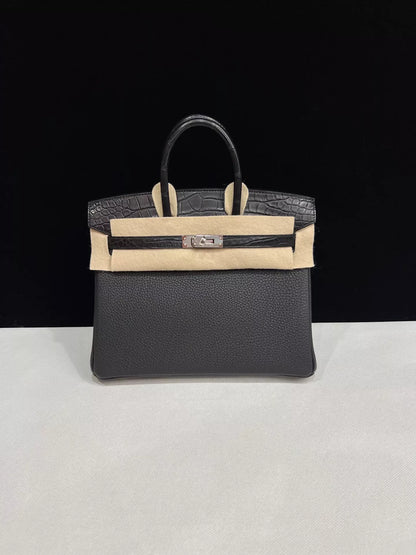 Hermes Birkin 25 Touch black togo matte crocodile leather with palladium hardware