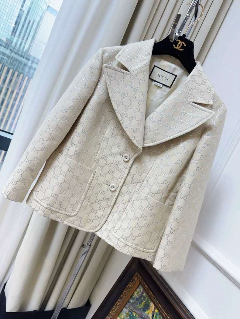 Gucci off-white all-logo silver-threaded suit jacket