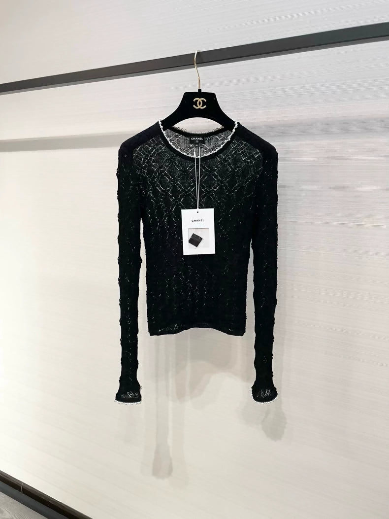 Chanel black lace and pearl top