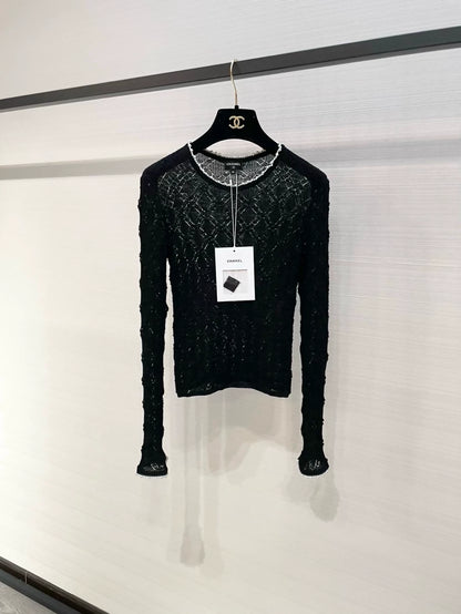 Chanel black lace and pearl top