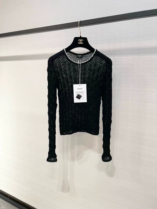 Chanel black lace and pearl top