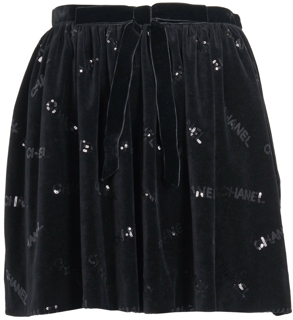 CHANEL 22B COCO NEIGE VELVET BLACK SEQUIN CC BOW SKIRT FR 38