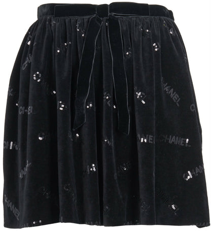 CHANEL 22B COCO NEIGE VELVET BLACK SEQUIN CC BOW SKIRT FR 38