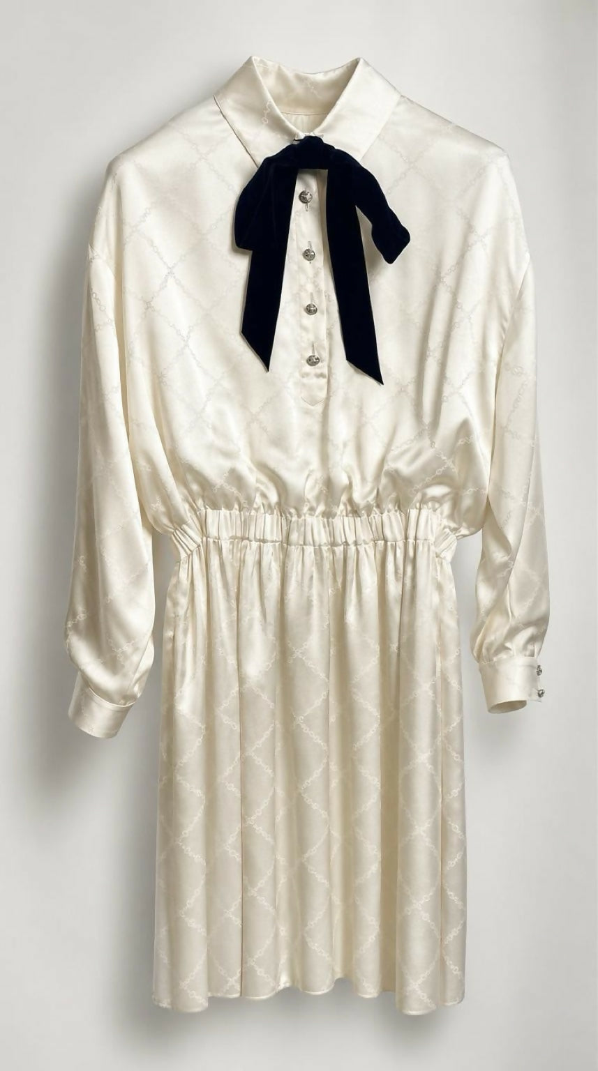 Chanel 23C Ecru Jacquard Silk CC Logo Velvet Bow Blouson Dress FR 40