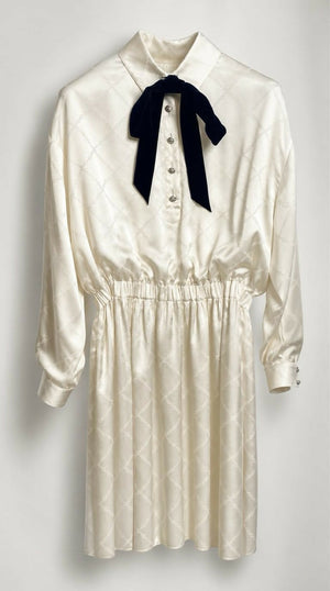 Chanel 23C Ecru Jacquard Silk CC Logo Velvet Bow Blouson Dress FR 40