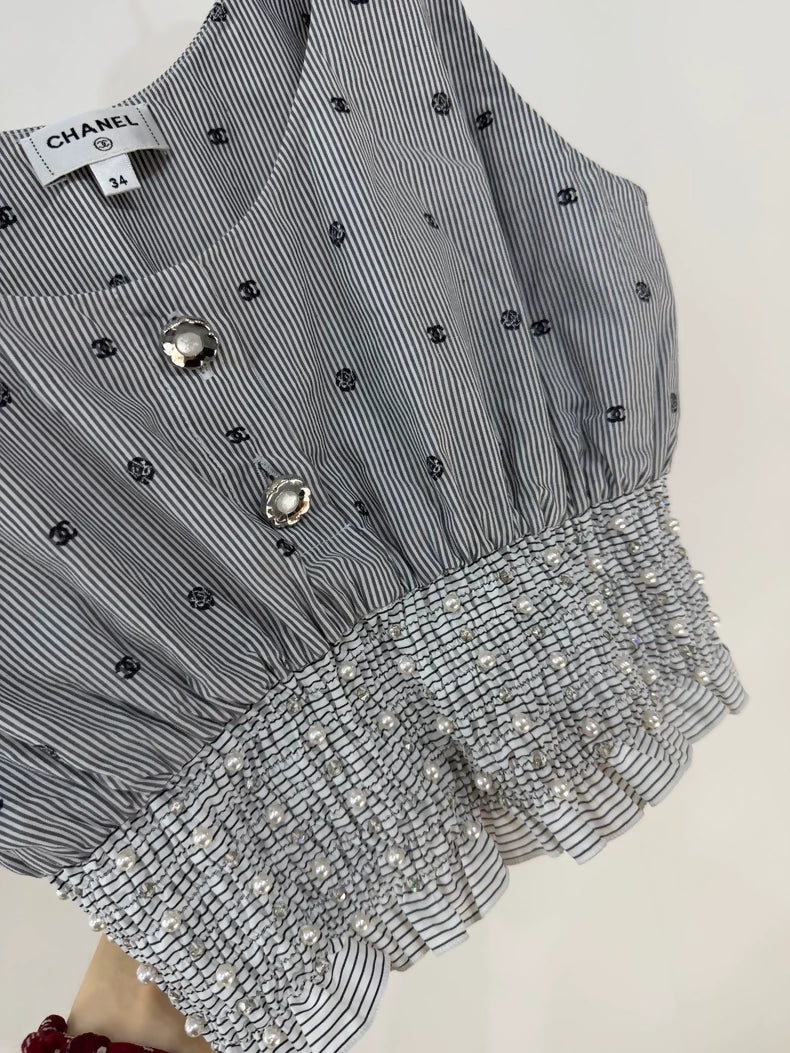 Chanel 24P Grey Pearl Striped Double C Top