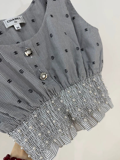 Chanel 24P Grey Pearl Striped Double C Top