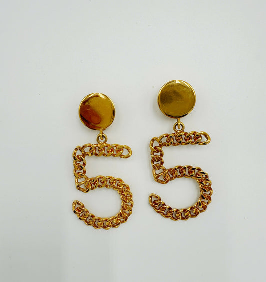 Chanel 1980s Runway Vintage Gold Plated No.5 Dangle Earrings