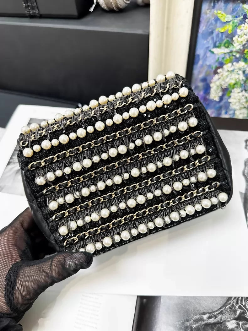 Chanel 20B black and gold pearl chain square crossbody bag