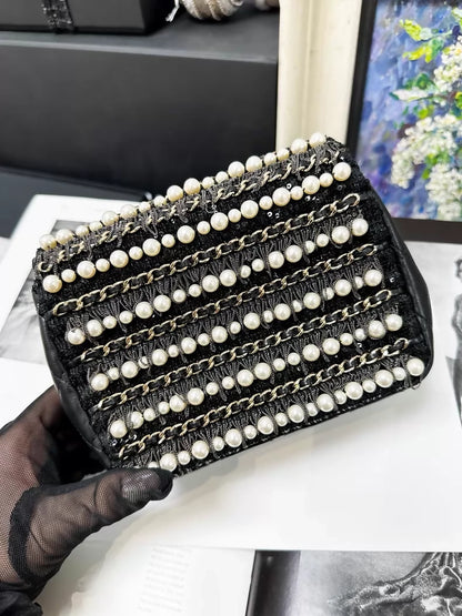 Chanel 20B black and gold pearl chain square crossbody bag