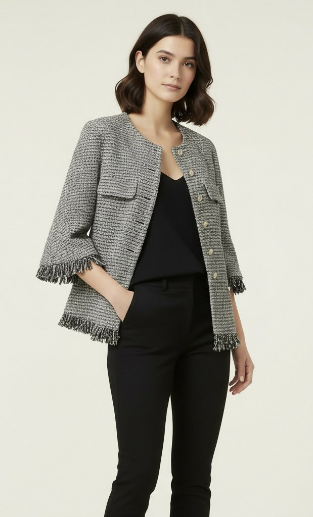 Chanel 18P Black White Ecru Boucle Tweed Fringe Jacket FR 44