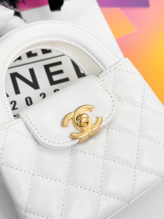 Chanel white quilted mini Kelly handbag with gold hardware crossbody bag