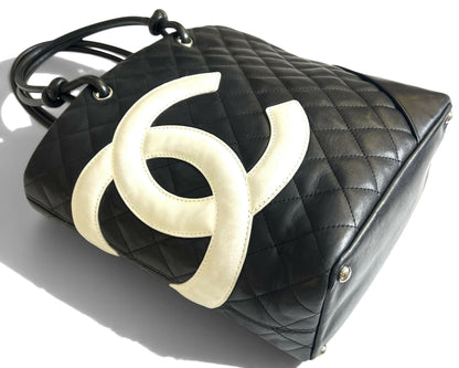 Chanel 2005 Black White Calfskin Quilted Medium Cambon Tote Bag