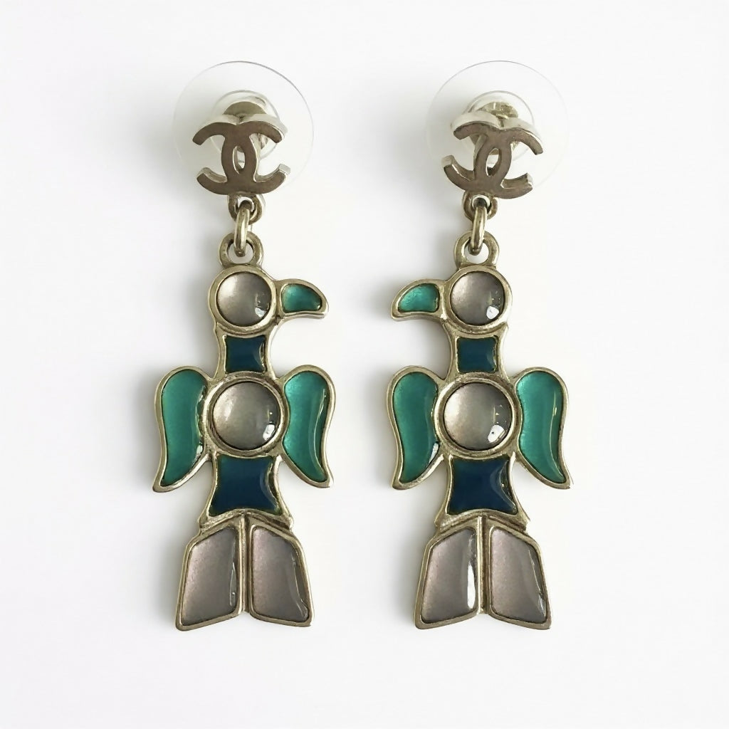 Rare Chanel 07A CC Aztec Bird Multicolor Gripoix Stone Drop Earrings