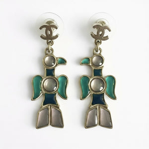Rare Chanel 07A CC Aztec Bird Multicolor Gripoix Stone Drop Earrings