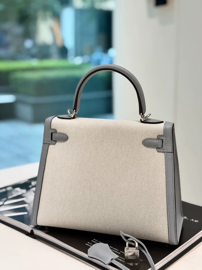 Hermes Kelly 25 toile & grey swift leather palladium hardware