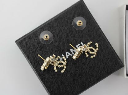 Chanel Vintage 10A Rhinestone Metal Triple CC Stud Earrings