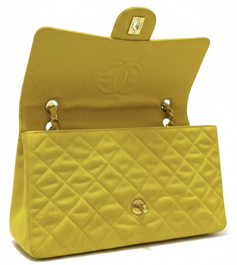 Vintage Chanel 1992 Yellow Denim Medium Classic Flap Bag 24K Gold Hardware