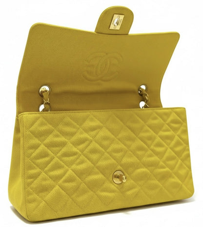 Vintage Chanel 1992 Yellow Denim Medium Classic Flap Bag 24K Gold Hardware