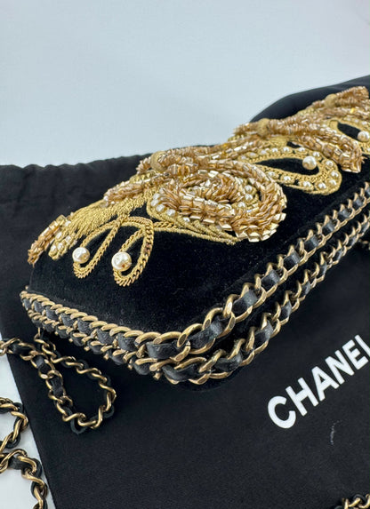 Chanel 2015 Velvet Imitation Pearl & Gold Embroidery Chain Evening Clutch Bag