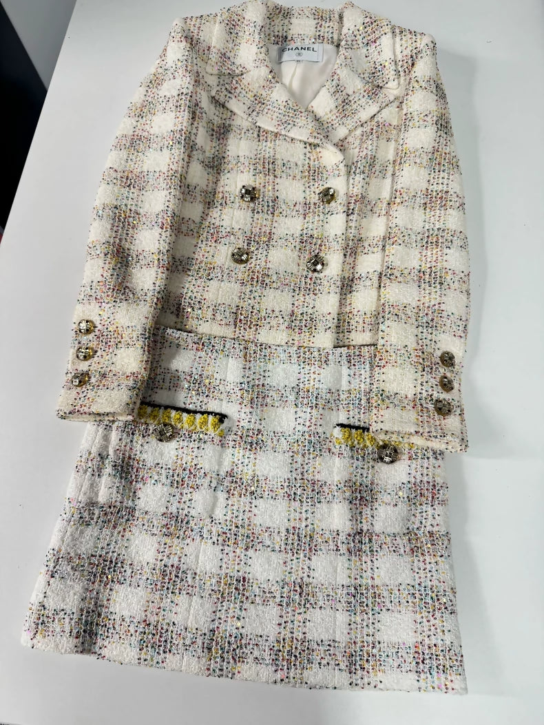 Chanel 24S gold beige tweed jacket and skirt set
