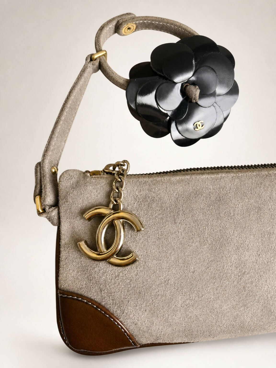 CHANEL TAUPE SUEDE LEATHER CAMELLIA BRACELET WRIST CLUTCH BAG