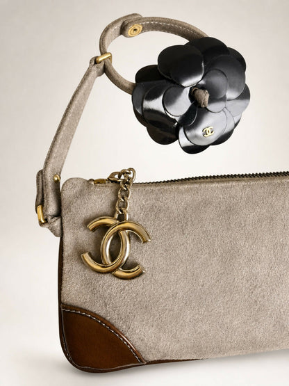 CHANEL TAUPE SUEDE LEATHER CAMELLIA BRACELET WRIST CLUTCH BAG
