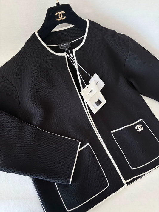 Chanel 26S Black and White Knit Cardigan