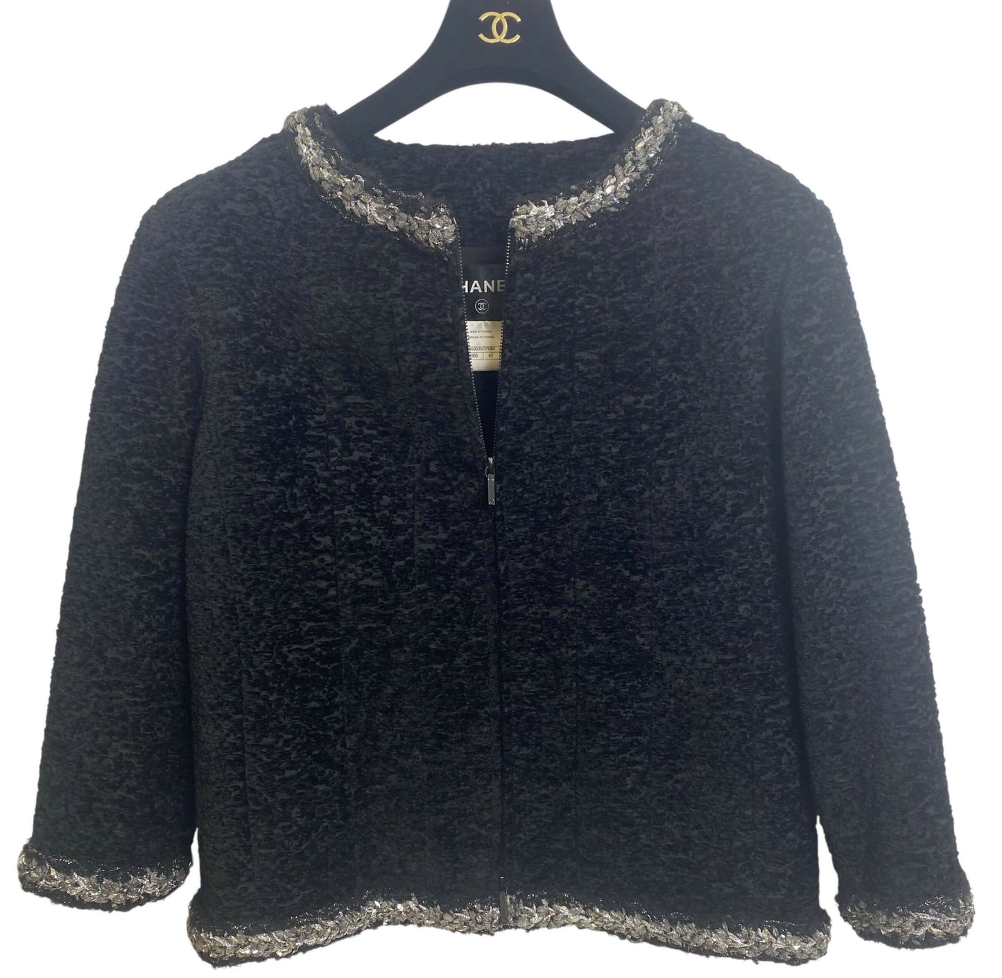 Chanel 14A Runway Supermarket Collection Black Boucle Silver Metallic Braided Trim Jacket 42