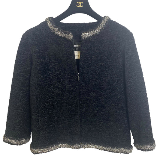Chanel 14A Runway Supermarket Collection Black Boucle Silver Metallic Braided Trim Jacket 42