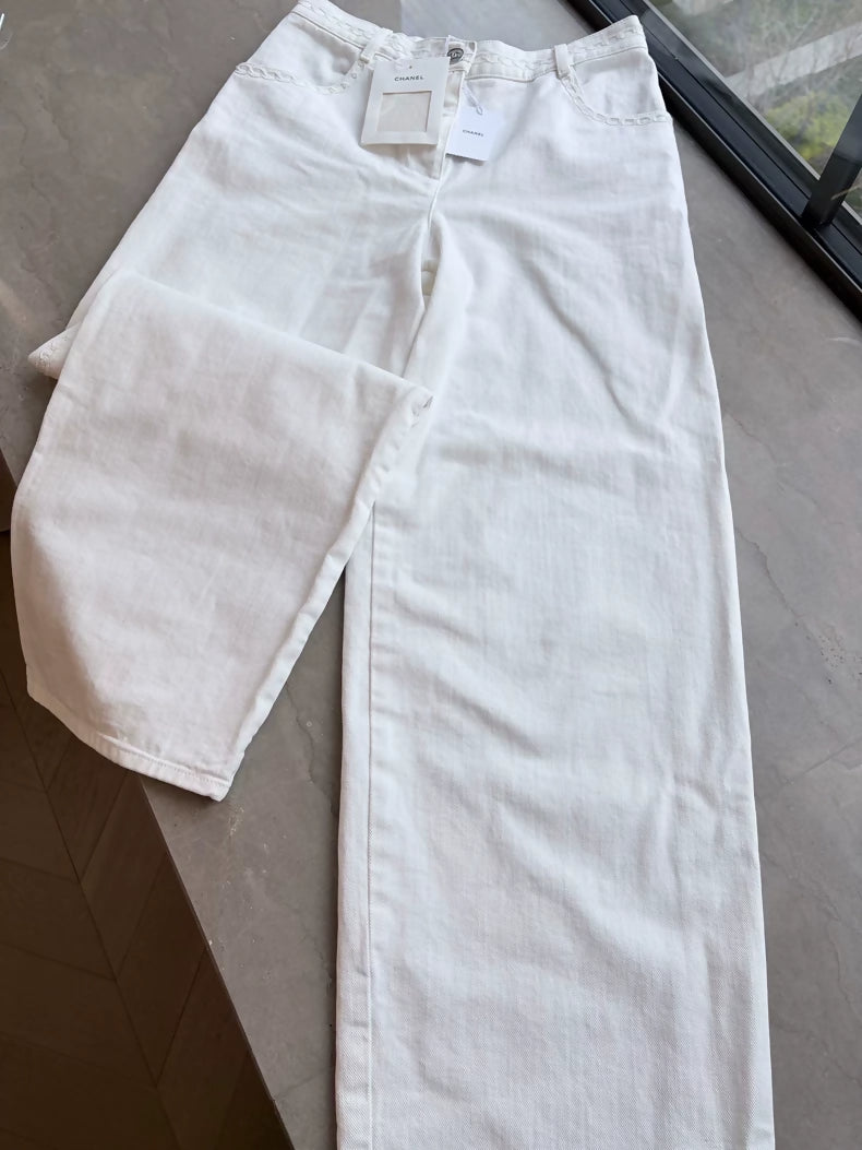 Chanel 26P white lace-trimmed wide-leg trousers