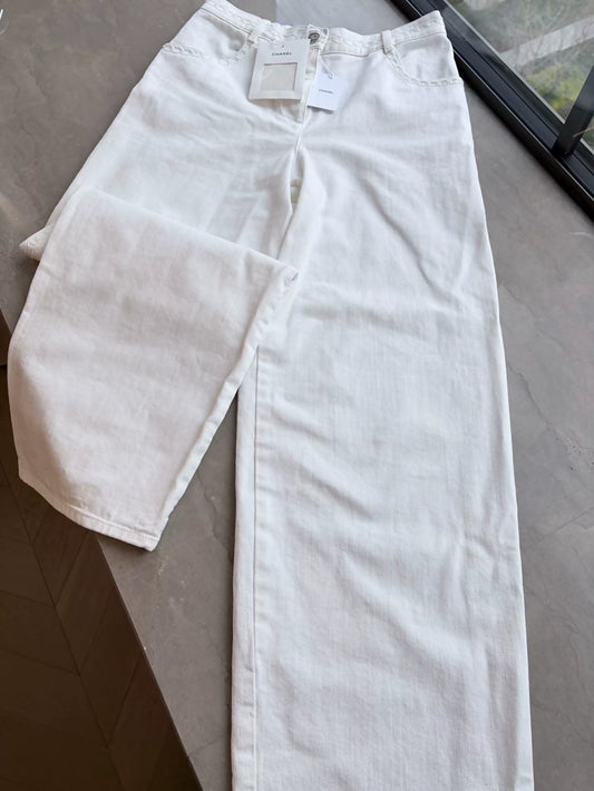 Chanel 26P white lace-trimmed wide-leg trousers