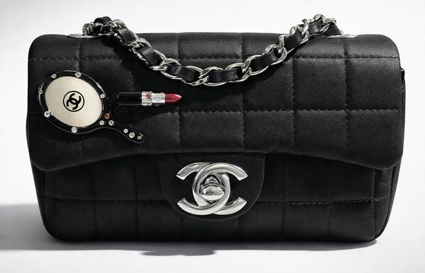 CHANEL Chanel 04A Black Satin Mini Lipstick Mirror Charm Classic Flap Bag