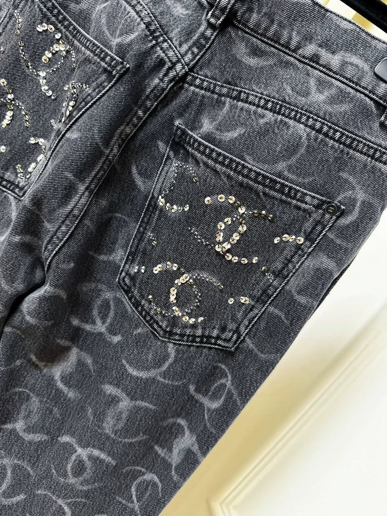 Chanel 23B black and gray graffiti double C logo straight jeans