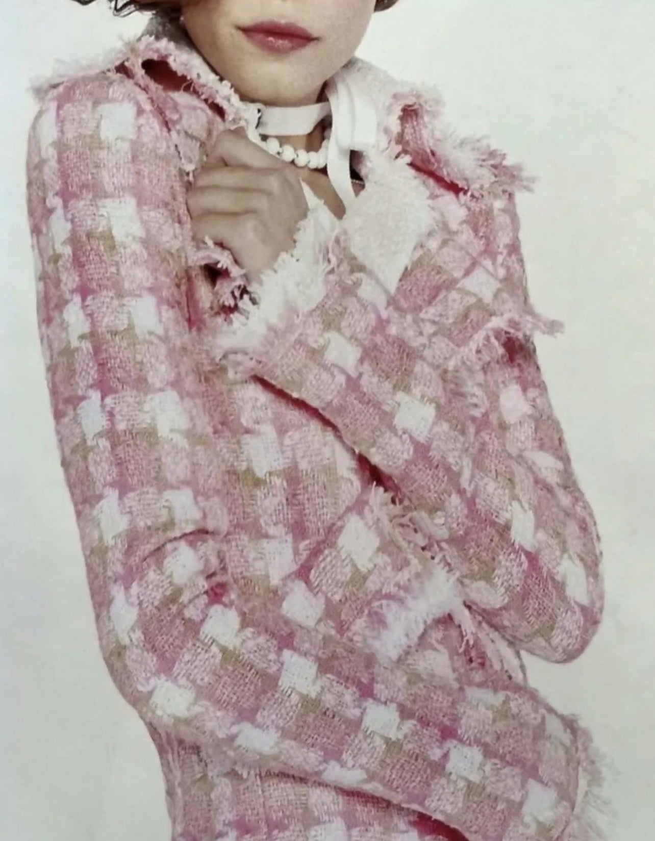 Chanel 04C Pink White Cream Fringe Tweed Checker Jacket FR 42