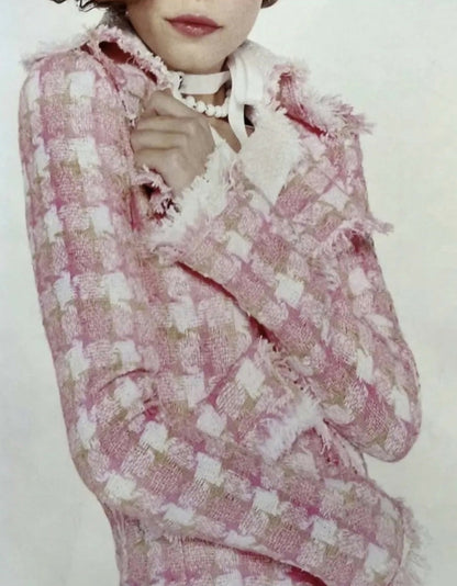 Chanel 04C Pink White Cream Fringe Tweed Checker Jacket FR 42