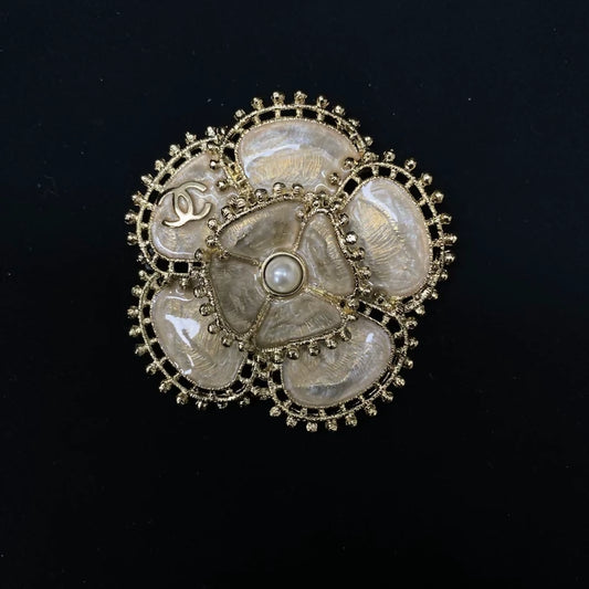 Classic 23K champagne gold camellia pearl brooch