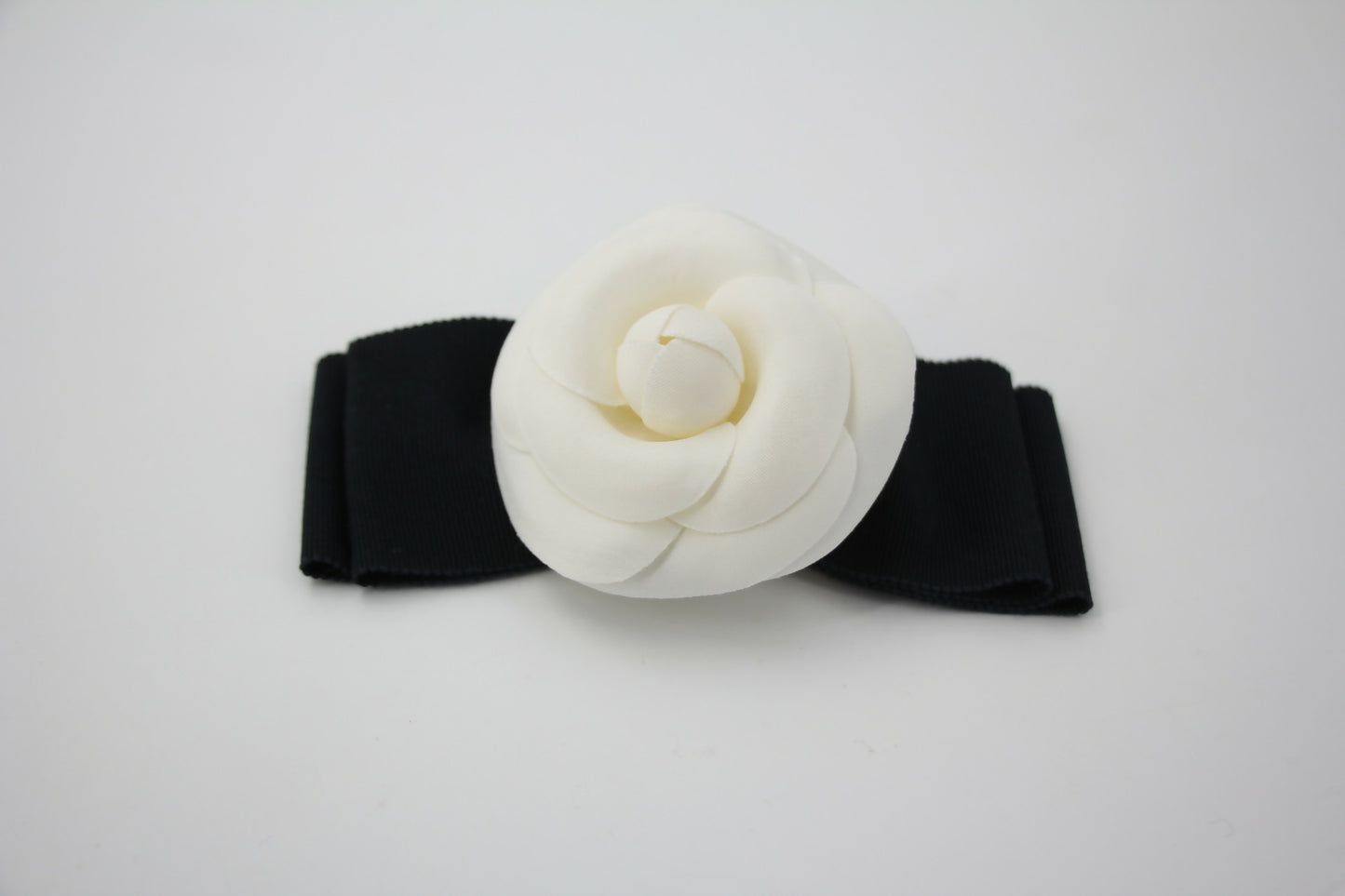 Chanel Vintage 81-85 Fabric Ribbon Black Camellia Brooch