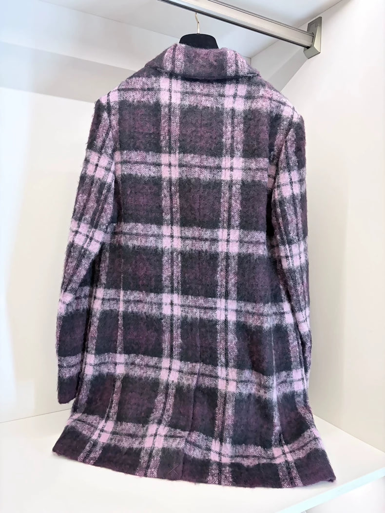 Chanel 24A pinkish-purple tweed cashmere wool plaid coat