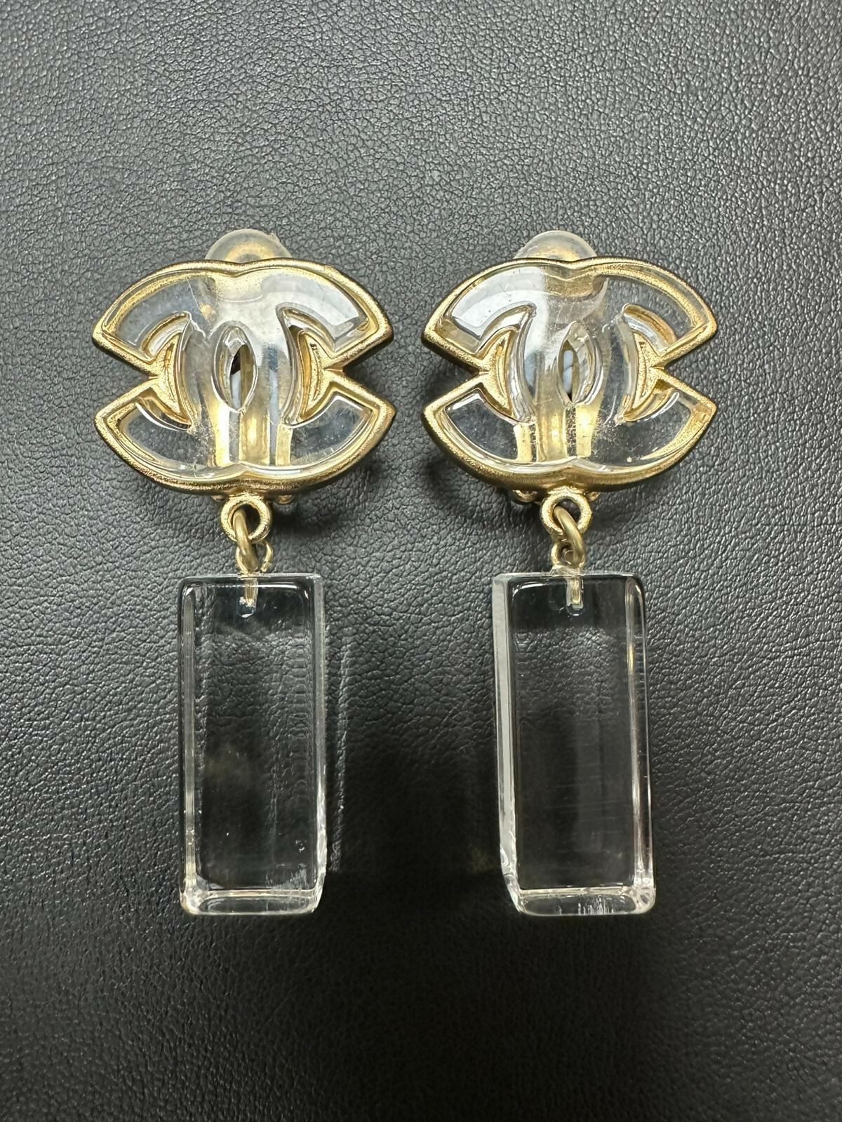Chanel Vintage 01P Acrylic Rectangular Ice Cube Dangle Clip-on Earrings
